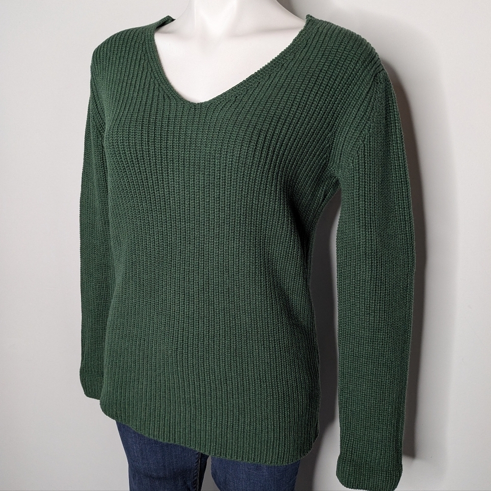 Pact Organic Green Heavy Knit V Neck Tie Back Long Sleeve Cotton Sweater XS - Picture 2 of 8